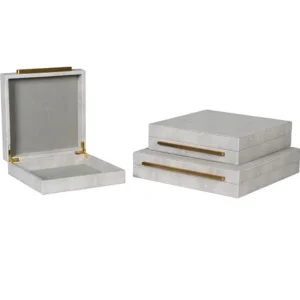 Set of 3 Ivory Faux Shagreen Boxes with Gold Handles